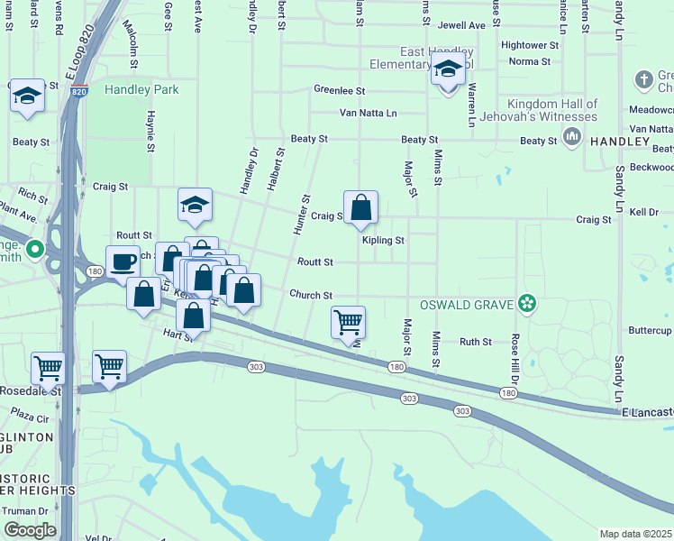 map of restaurants, bars, coffee shops, grocery stores, and more near 6860 Routt Street in Fort Worth