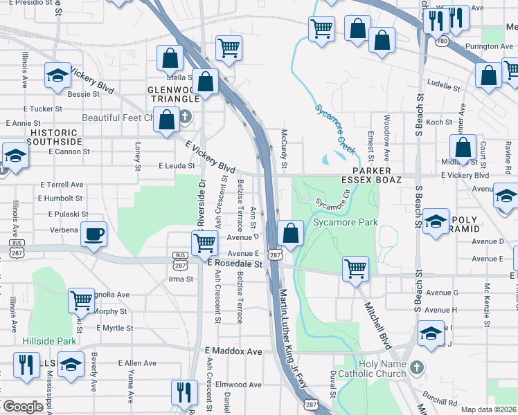 map of restaurants, bars, coffee shops, grocery stores, and more near 2105 Avenue C in Fort Worth