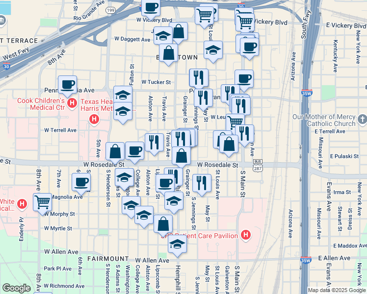map of restaurants, bars, coffee shops, grocery stores, and more near 924 South Jennings Avenue in Fort Worth