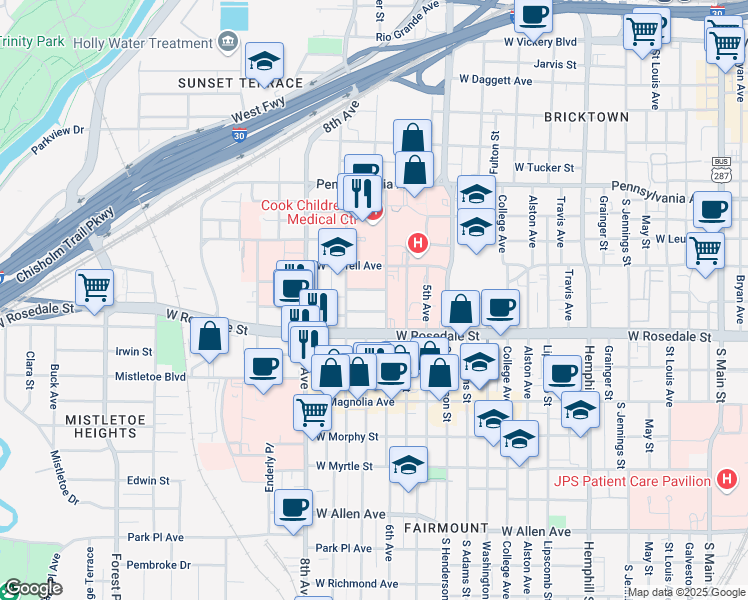 map of restaurants, bars, coffee shops, grocery stores, and more near 1000 6th Avenue in Fort Worth