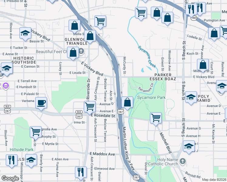 map of restaurants, bars, coffee shops, grocery stores, and more near 2105 Avenue C in Fort Worth