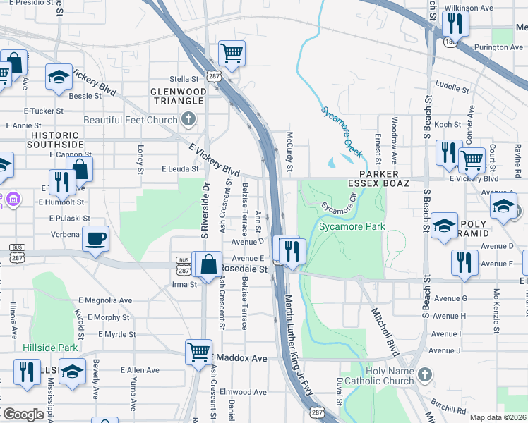 map of restaurants, bars, coffee shops, grocery stores, and more near 2105 Avenue C in Fort Worth