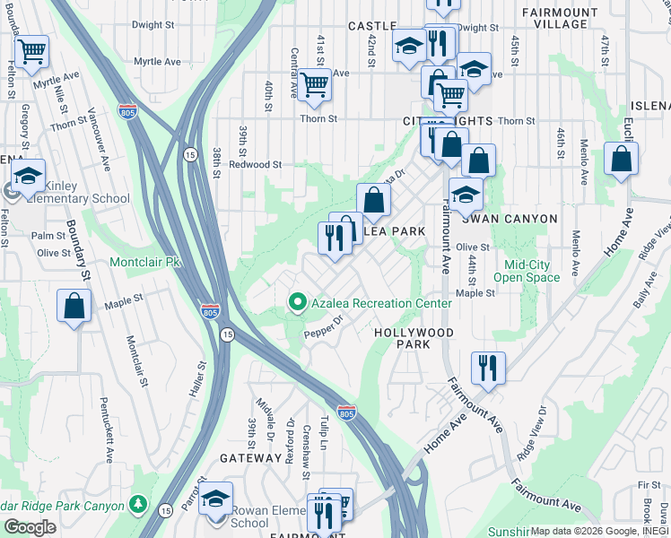 map of restaurants, bars, coffee shops, grocery stores, and more near 2721 Tuberose Street in San Diego