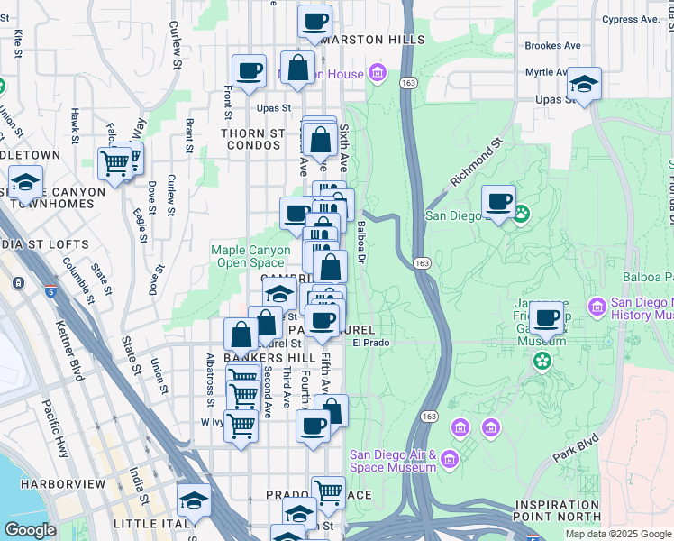 map of restaurants, bars, coffee shops, grocery stores, and more near 2808 Sixth Avenue in San Diego