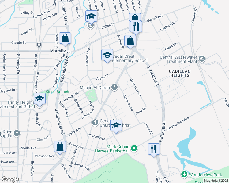 map of restaurants, bars, coffee shops, grocery stores, and more near 2420 Cedar Crest Boulevard in Dallas