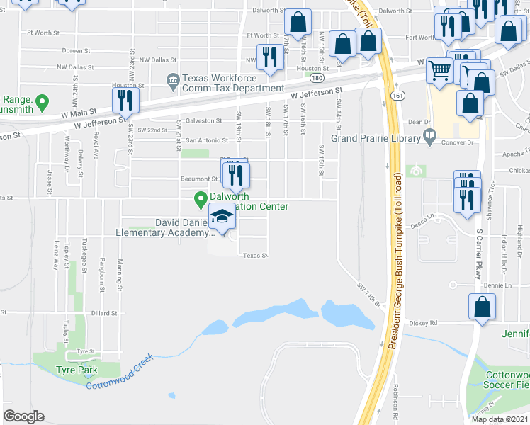 map of restaurants, bars, coffee shops, grocery stores, and more near 1802 Spikes Street in Grand Prairie