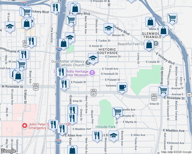 map of restaurants, bars, coffee shops, grocery stores, and more near 1058 East Humbolt Street in Fort Worth