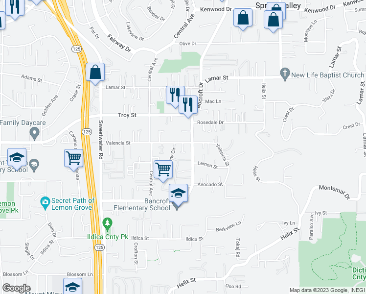 map of restaurants, bars, coffee shops, grocery stores, and more near 8939 Valencia Street in Spring Valley