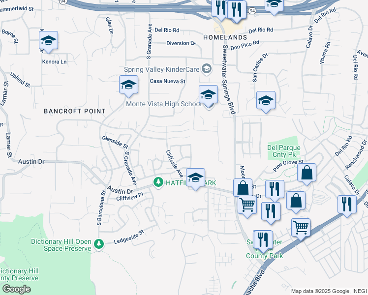 map of restaurants, bars, coffee shops, grocery stores, and more near 10157 Canyonridge Place in Spring Valley