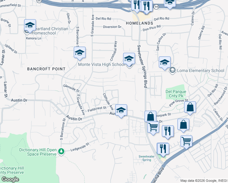 map of restaurants, bars, coffee shops, grocery stores, and more near 10157 Canyonridge Place in Spring Valley