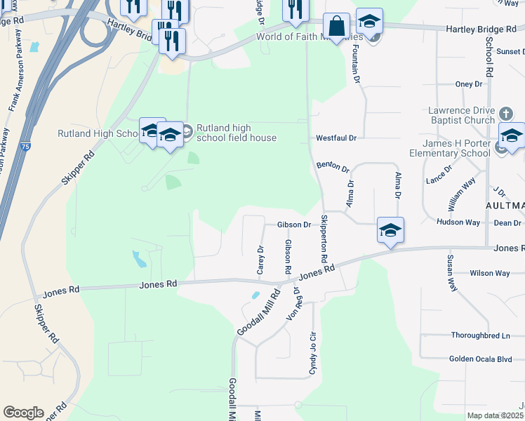 map of restaurants, bars, coffee shops, grocery stores, and more near 6376 Carey Drive in Macon