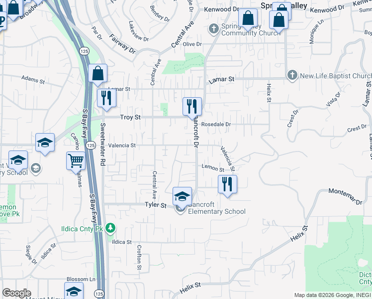 map of restaurants, bars, coffee shops, grocery stores, and more near 8935 Valencia Street in Spring Valley