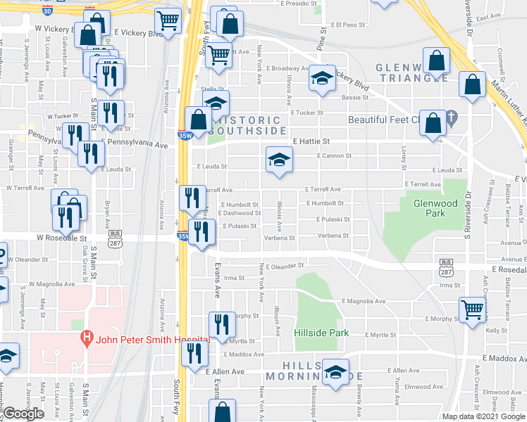 map of restaurants, bars, coffee shops, grocery stores, and more near 1000 East Humbolt Street in Fort Worth