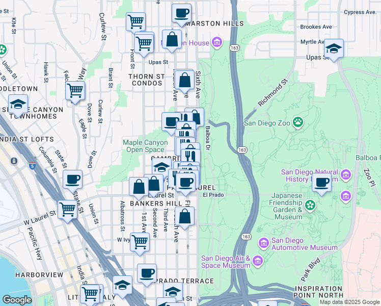 map of restaurants, bars, coffee shops, grocery stores, and more near 525 Olive Street in San Diego