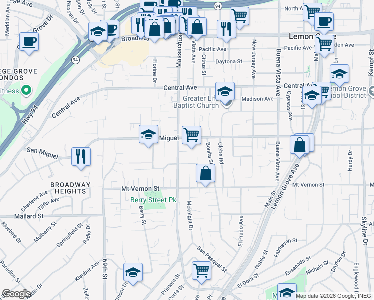 map of restaurants, bars, coffee shops, grocery stores, and more near 2641 Balkis Lane in Lemon Grove