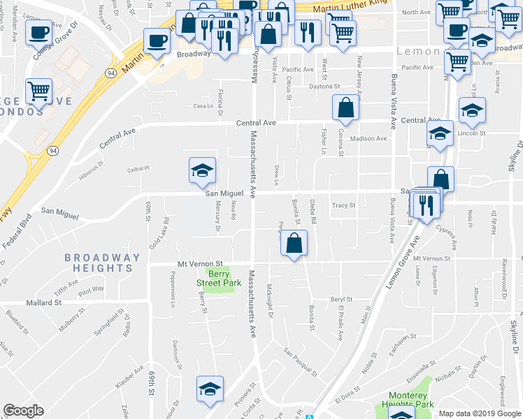 map of restaurants, bars, coffee shops, grocery stores, and more near 2641 Massachusetts Avenue in Lemon Grove