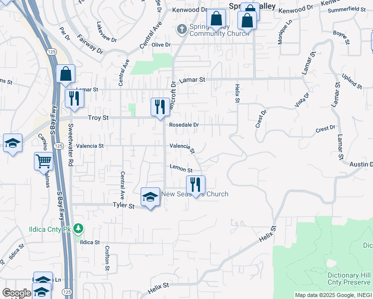 map of restaurants, bars, coffee shops, grocery stores, and more near 9057 Valencia Street in Spring Valley