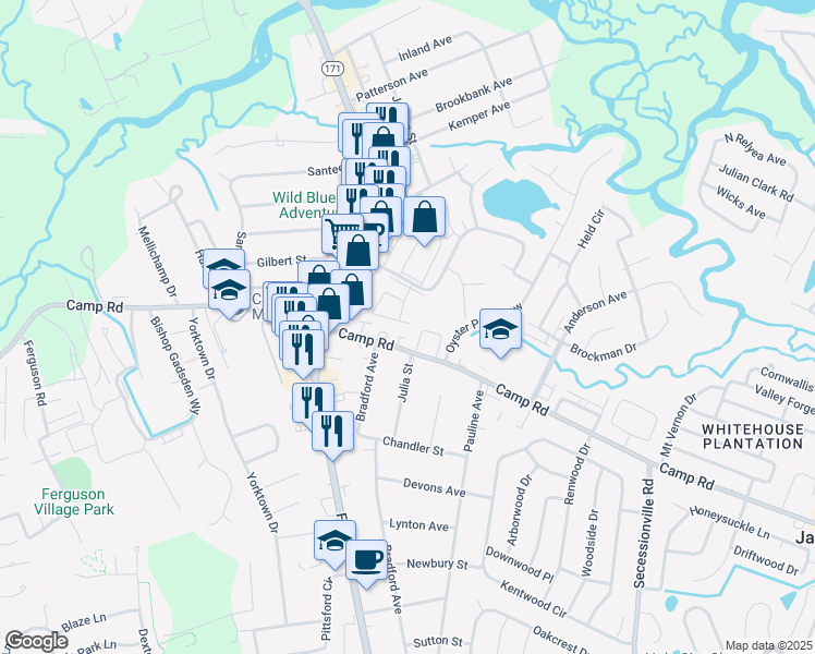 map of restaurants, bars, coffee shops, grocery stores, and more near 1540 Camp Road in Charleston