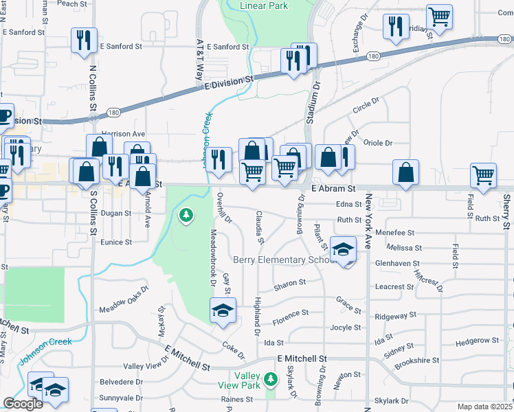 map of restaurants, bars, coffee shops, grocery stores, and more near 1507 Ruth Street in Arlington