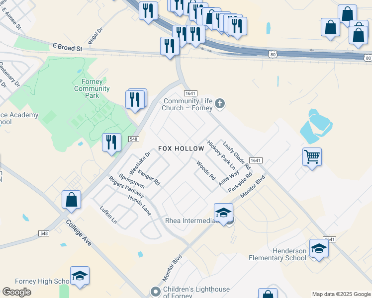 map of restaurants, bars, coffee shops, grocery stores, and more near 214 Beacon Hill Lane in Forney