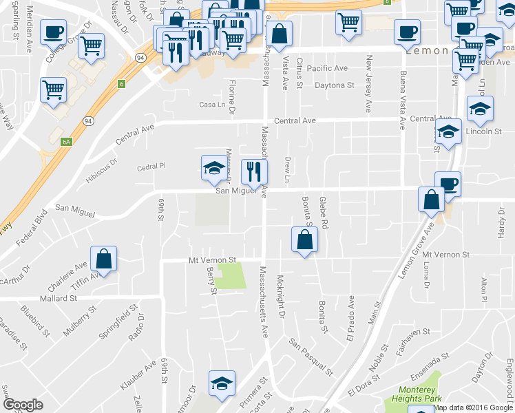 map of restaurants, bars, coffee shops, grocery stores, and more near 2650 Massachusetts Avenue in Lemon Grove