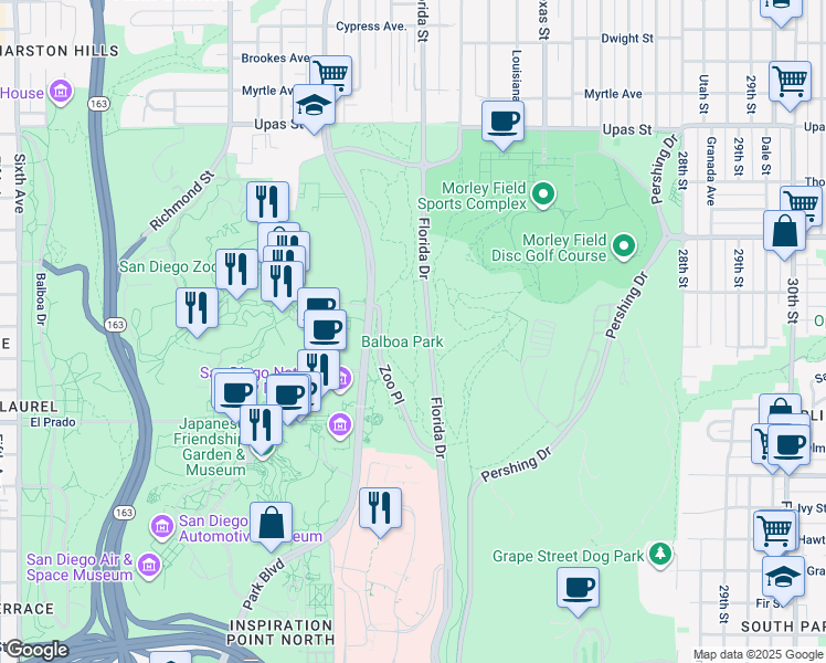 map of restaurants, bars, coffee shops, grocery stores, and more near in San Diego