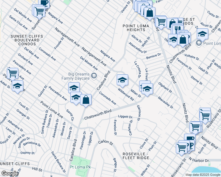 map of restaurants, bars, coffee shops, grocery stores, and more near 3935 Wildwood Road in San Diego