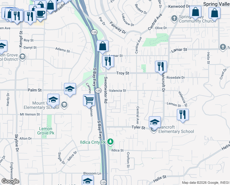 map of restaurants, bars, coffee shops, grocery stores, and more near 8645 Valencia Street in Spring Valley
