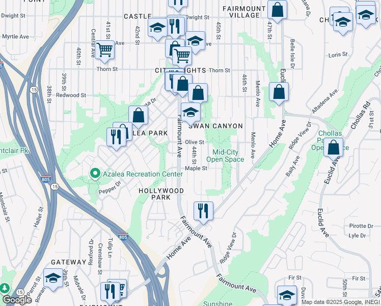 map of restaurants, bars, coffee shops, grocery stores, and more near 2721 Fairmount Avenue in San Diego