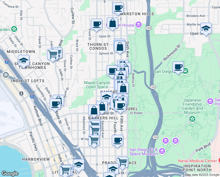 map of restaurants, bars, coffee shops, grocery stores, and more near 313 Olive Street in San Diego