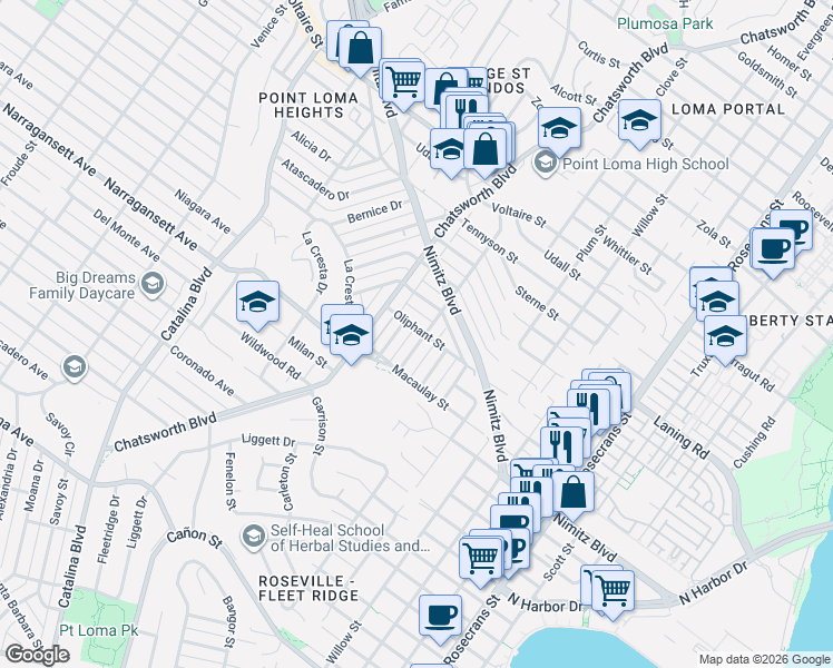map of restaurants, bars, coffee shops, grocery stores, and more near 3610 Oliphant Street in San Diego