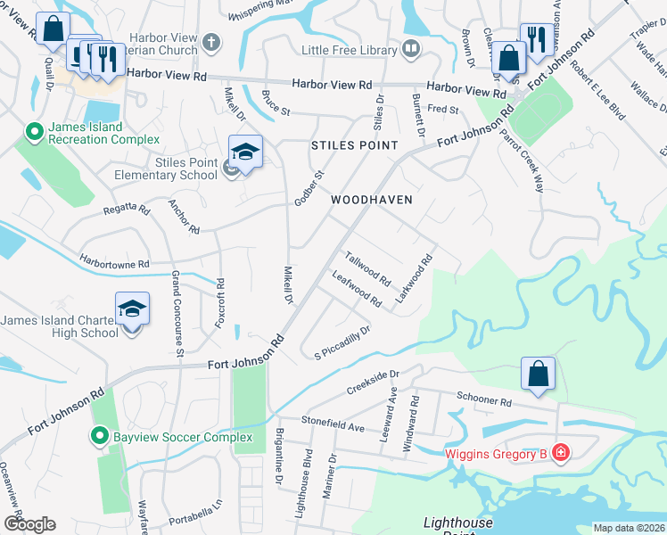 map of restaurants, bars, coffee shops, grocery stores, and more near 783 Fort Johnson Road in Charleston