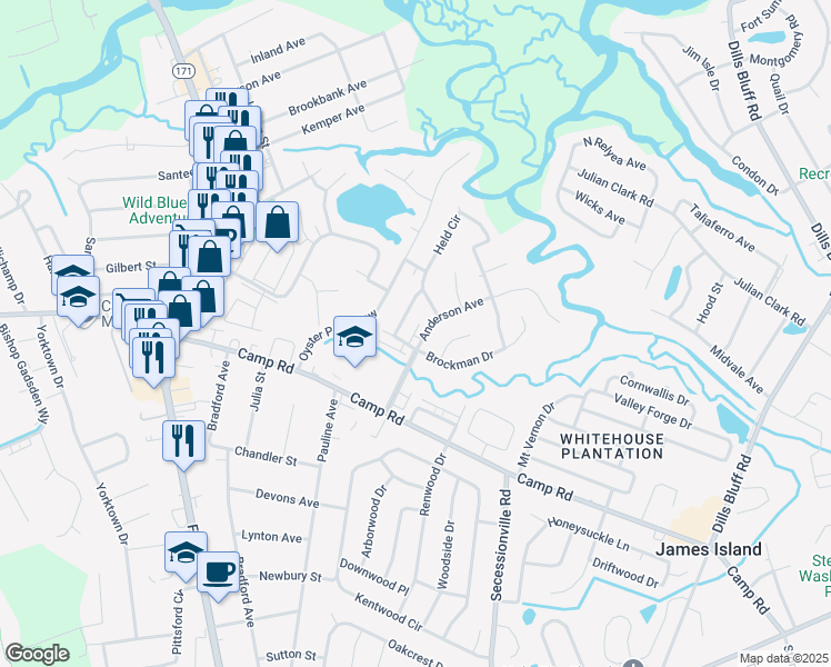 map of restaurants, bars, coffee shops, grocery stores, and more near 10 Anderson Avenue in Charleston