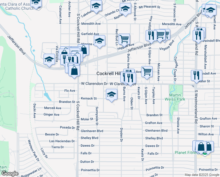 map of restaurants, bars, coffee shops, grocery stores, and more near 4015 Walker Street in Dallas