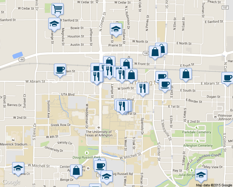 map of restaurants, bars, coffee shops, grocery stores, and more near 303 Lampe Street in Arlington