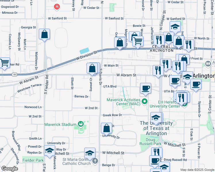 map of restaurants, bars, coffee shops, grocery stores, and more near 302 Summit Avenue in Arlington
