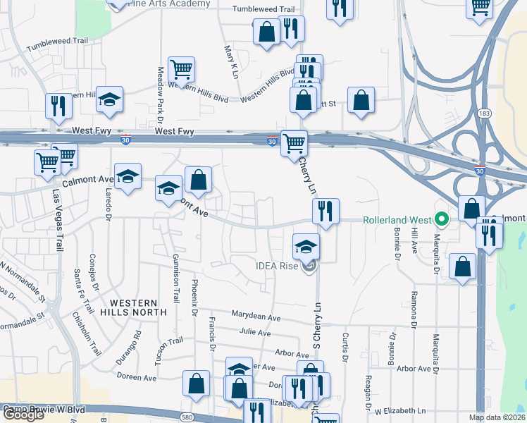 map of restaurants, bars, coffee shops, grocery stores, and more near 8000 Calmont Avenue in Fort Worth