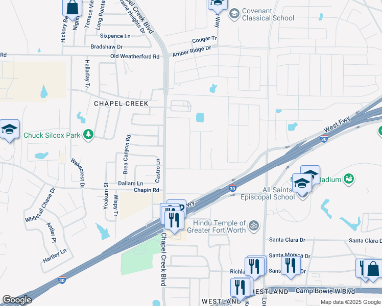 map of restaurants, bars, coffee shops, grocery stores, and more near 2393-2441 Chapel Creek Boulevard in Fort Worth