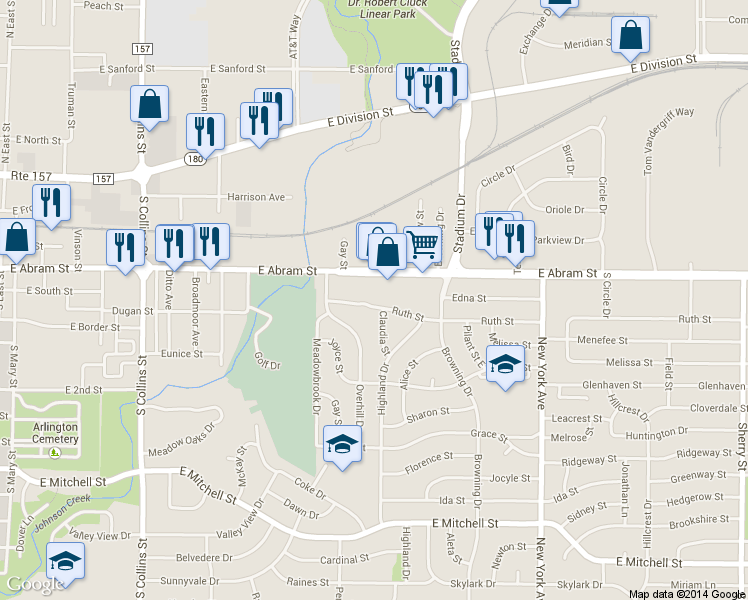 map of restaurants, bars, coffee shops, grocery stores, and more near 1507 Ruth Street in Arlington