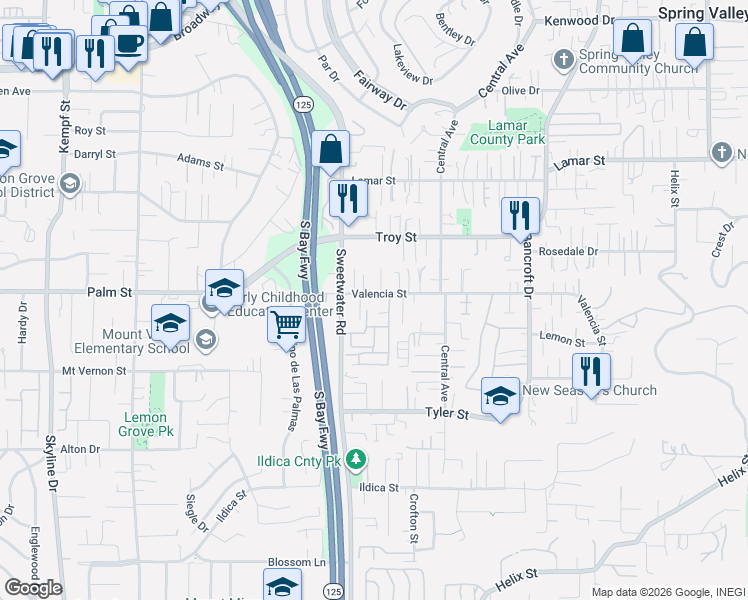 map of restaurants, bars, coffee shops, grocery stores, and more near 8659 Valencia Street in Spring Valley