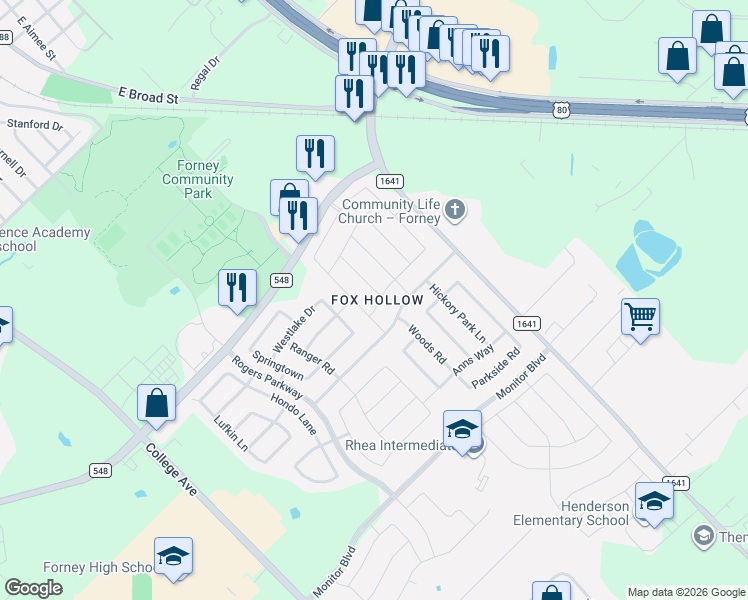 map of restaurants, bars, coffee shops, grocery stores, and more near 214 Beacon Hill Lane in Forney