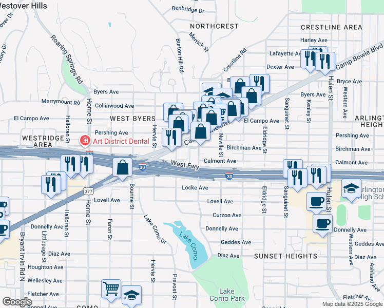 map of restaurants, bars, coffee shops, grocery stores, and more near 2618 Merrick Street in Fort Worth