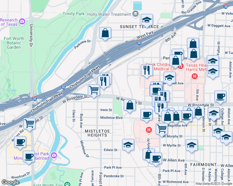 map of restaurants, bars, coffee shops, grocery stores, and more near 2120 West Rosedale Street in Fort Worth