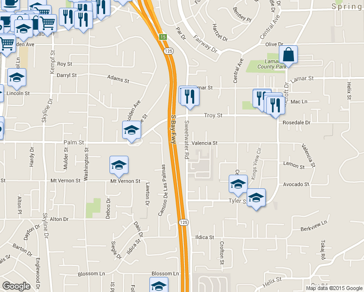 map of restaurants, bars, coffee shops, grocery stores, and more near 8585 Palm Street in Lemon Grove