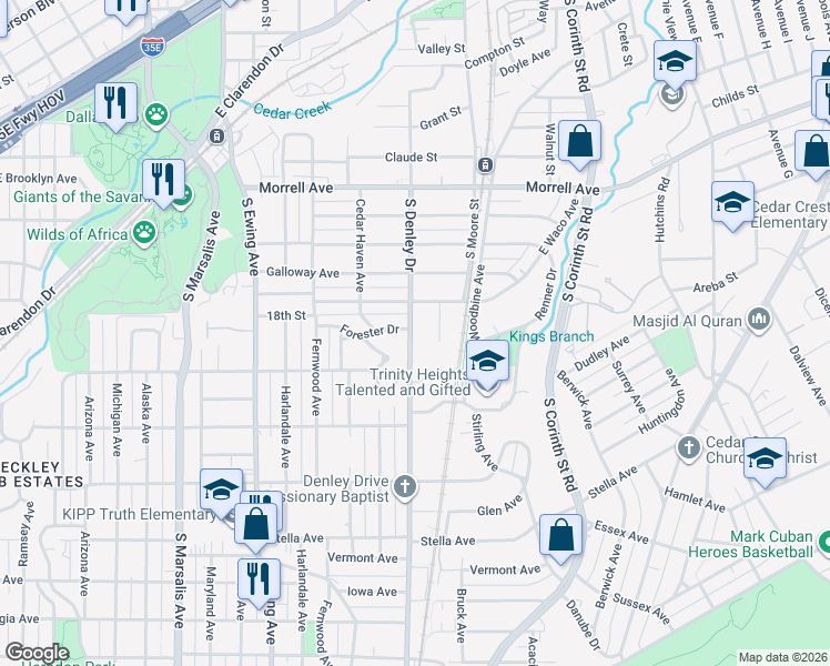 map of restaurants, bars, coffee shops, grocery stores, and more near 1228 South Denley Drive in Dallas