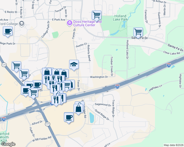 map of restaurants, bars, coffee shops, grocery stores, and more near 1721 Roberts Bend in Weatherford