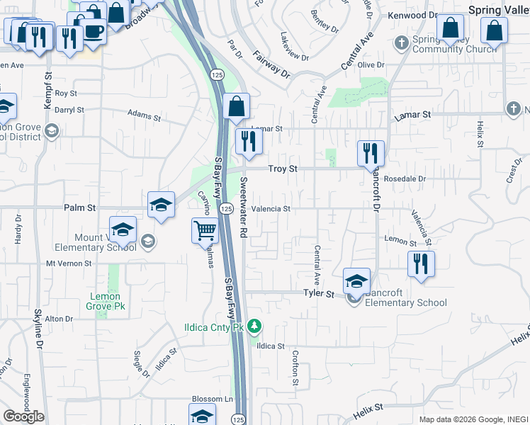 map of restaurants, bars, coffee shops, grocery stores, and more near 8645 Valencia Street in Spring Valley