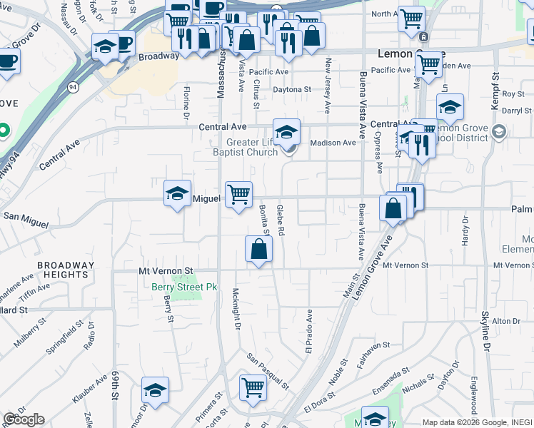 map of restaurants, bars, coffee shops, grocery stores, and more near 2629 Bonita Street in Lemon Grove