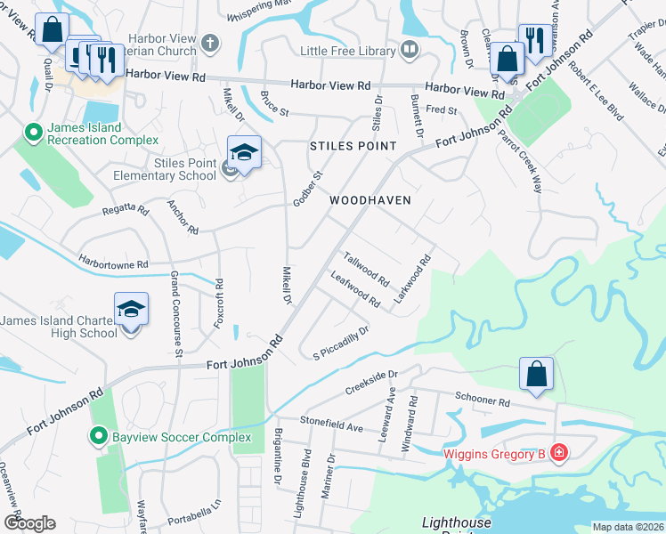 map of restaurants, bars, coffee shops, grocery stores, and more near 783 Fort Johnson Road in Charleston