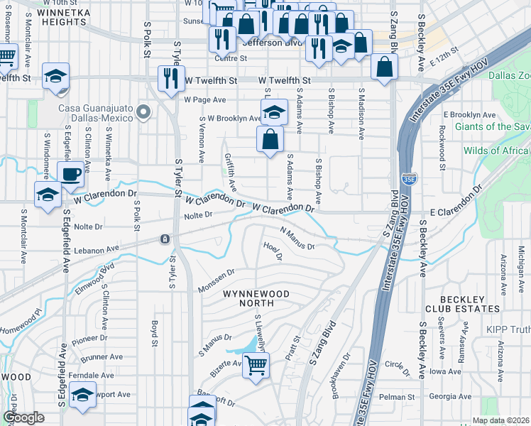 map of restaurants, bars, coffee shops, grocery stores, and more near 604 West Clarendon Drive in Dallas